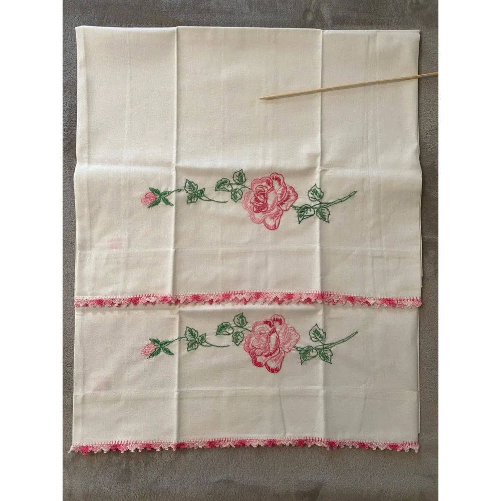 First Lady Sheet Set Full White Pink Rose Embroidered Crochet Trim VTG Muslin